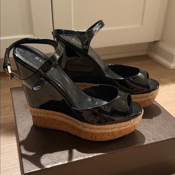 Gucci Shoes - Gucci Black Patent Leather Espadrille Wedge Sandals